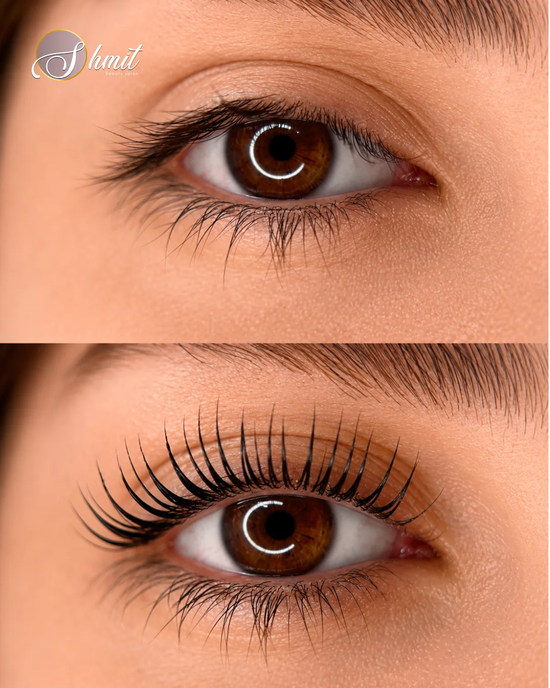 antes y después de ojos con extensión de pestañas
